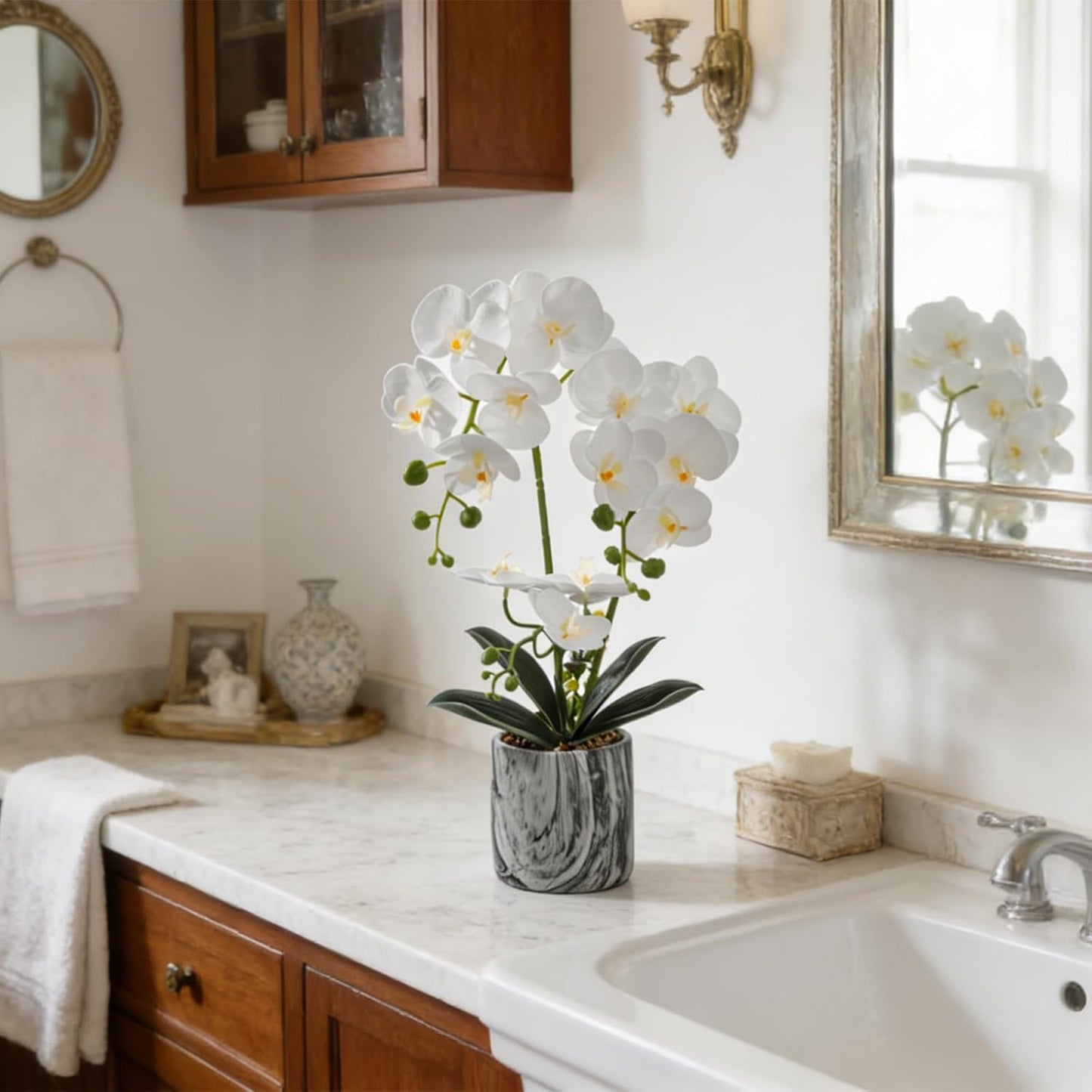 White Fake Orchids Flowers in Pot Bendable Faux Orchids Artificial Flowers Washable Silk Orchid Phalaenopsis Decor for Home Wedding Table Centerpiece Bathroom Office
