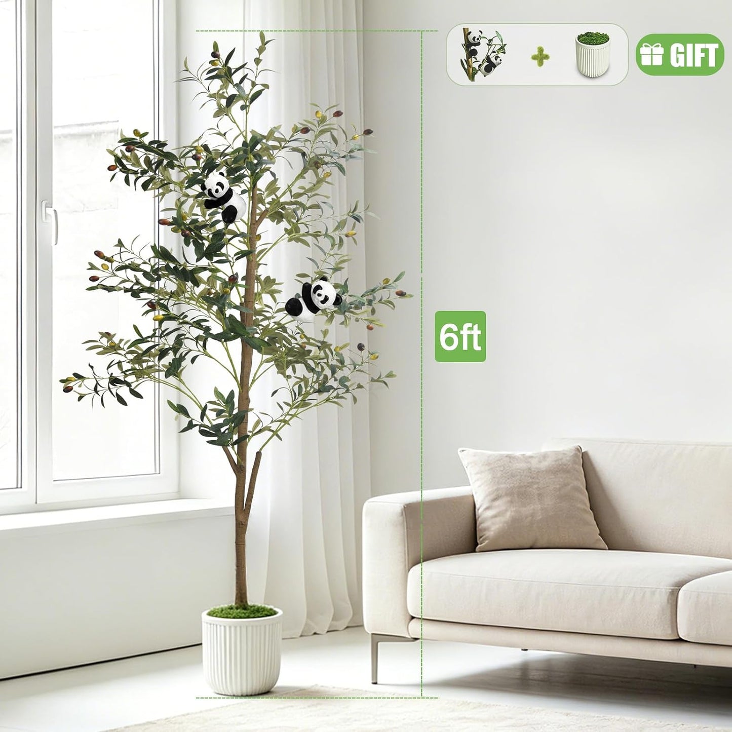 6FT Artificial Olive Tree Indoor Faux Olive Trees with Flower Pot Panda Toy | Branches and Fruits, Suitable for Interior Home, Outdoor Patio, and Office, Comes with Cute Panda Ornament Gift,Does not fade