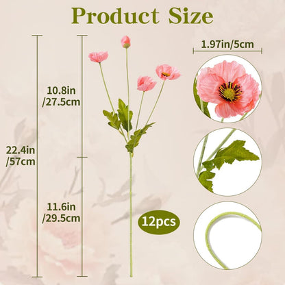 22.4" Realistic Artificial Silk Poppy Flowers Stems (12, Red) | 12-pack 22.4" realistic artificial silk poppy flowers. Silk petals perfect for romantic gifts & holiday tributes.