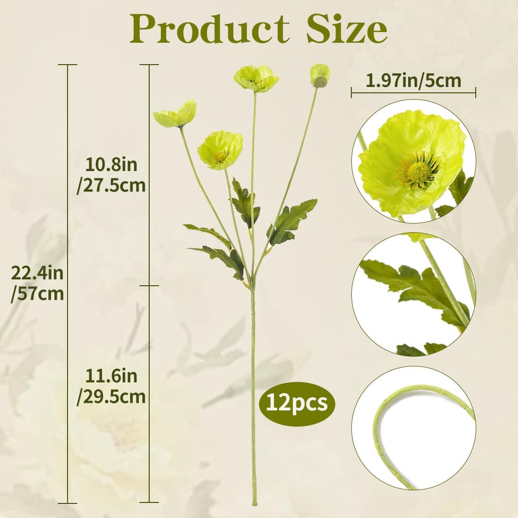 22.4" Realistic Artificial Silk Poppy Flowers Stems (12, Red) | 12-pack 22.4" realistic artificial silk poppy flowers. Silk petals perfect for romantic gifts & holiday tributes.