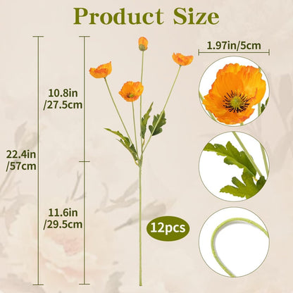 22.4" Realistic Artificial Silk Poppy Flowers Stems (12, Red) | 12-pack 22.4" realistic artificial silk poppy flowers. Silk petals perfect for romantic gifts & holiday tributes.
