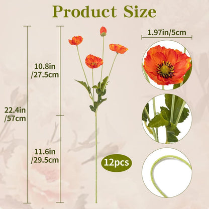 22.4" Realistic Artificial Silk Poppy Flowers Stems (12, Red) | 12-pack 22.4" realistic artificial silk poppy flowers. Silk petals perfect for romantic gifts & holiday tributes.