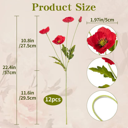 22.4" Realistic Artificial Silk Poppy Flowers Stems (12, Red) | 12-pack 22.4" realistic artificial silk poppy flowers. Silk petals perfect for romantic gifts & holiday tributes.