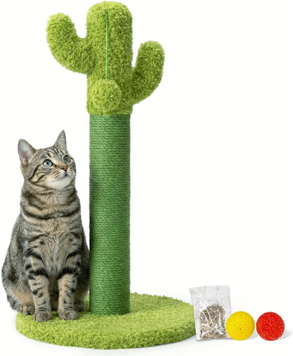 33" Tall Cactus Cat Scratching Post for Large Cats, Heavy Duty Double Scratch Posts with Flower & Crinkle Leaves, Cactus Cat Tree with 2 Bonus Toy & Catnip, Green Stable Scratching Post