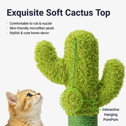 33" Tall Cactus Cat Scratching Post for Large Cats, Heavy Duty Double Scratch Posts with Flower & Crinkle Leaves, Cactus Cat Tree with 2 Bonus Toy & Catnip, Green Stable Scratching Post