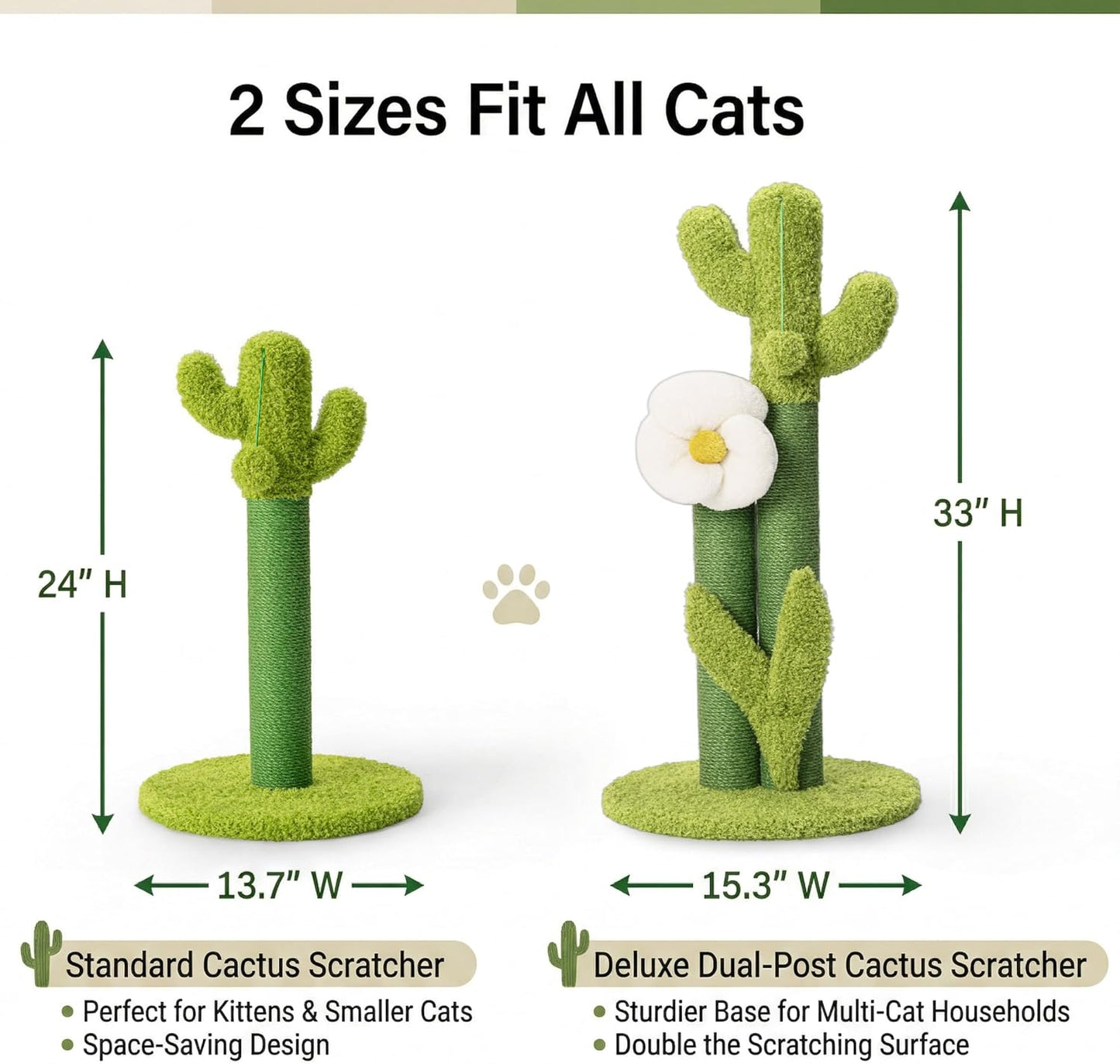 33" Tall Cactus Cat Scratching Post for Large Cats, Heavy Duty Double Scratch Posts with Flower & Crinkle Leaves, Cactus Cat Tree with 2 Bonus Toy & Catnip, Green Stable Scratching Post