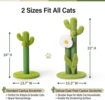 33" Tall Cactus Cat Scratching Post for Large Cats, Heavy Duty Double Scratch Posts with Flower & Crinkle Leaves, Cactus Cat Tree with 2 Bonus Toy & Catnip, Green Stable Scratching Post