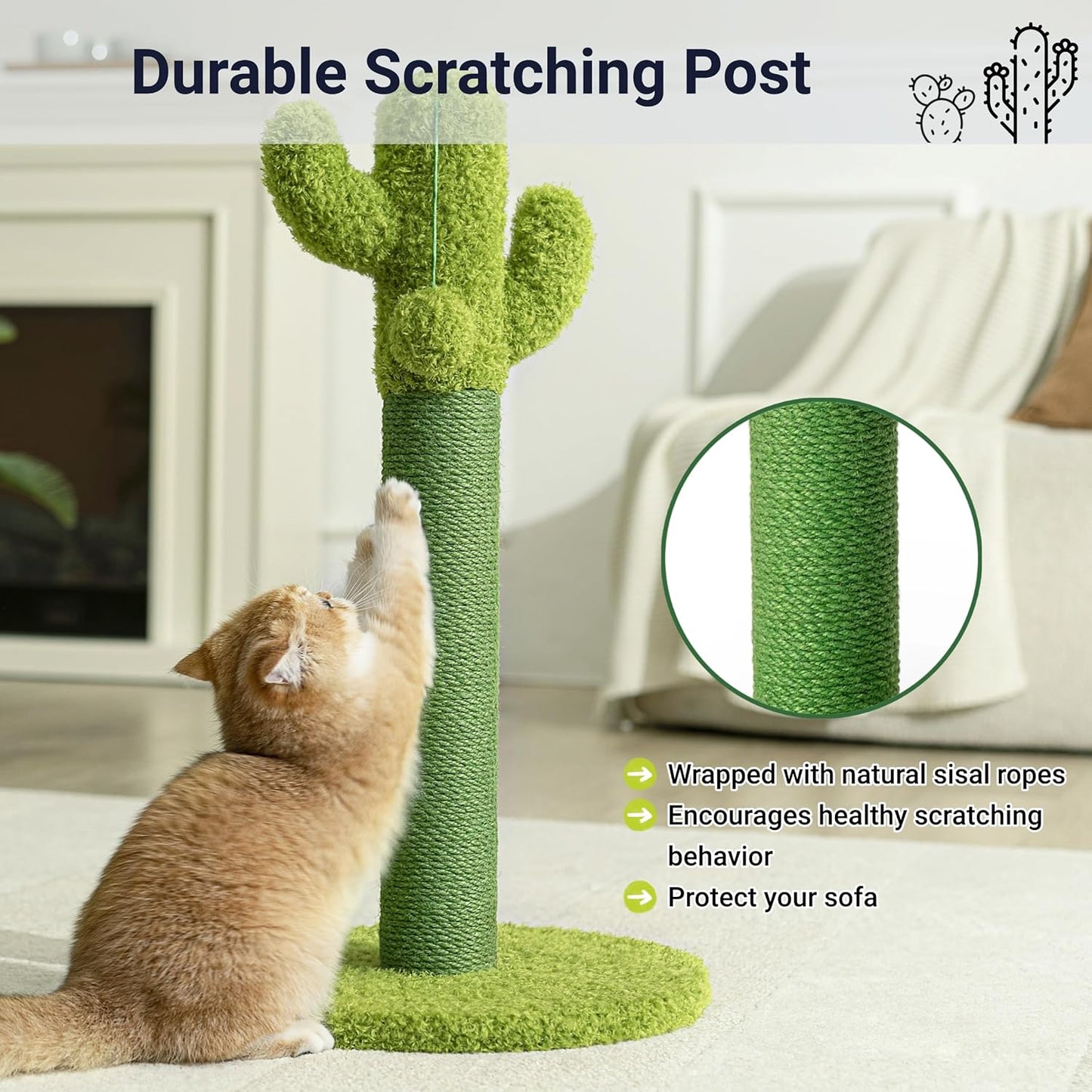 33" Tall Cactus Cat Scratching Post for Large Cats, Heavy Duty Double Scratch Posts with Flower & Crinkle Leaves, Cactus Cat Tree with 2 Bonus Toy & Catnip, Green Stable Scratching Post