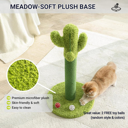 33" Tall Cactus Cat Scratching Post for Large Cats, Heavy Duty Double Scratch Posts with Flower & Crinkle Leaves, Cactus Cat Tree with 2 Bonus Toy & Catnip, Green Stable Scratching Post