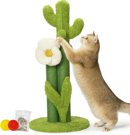 33" Tall Cactus Cat Scratching Post for Large Cats, Heavy Duty Double Scratch Posts with Flower & Crinkle Leaves, Cactus Cat Tree with 2 Bonus Toy & Catnip, Green Stable Scratching Post