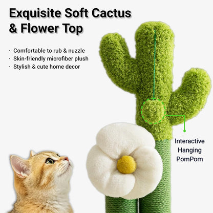 33" Tall Cactus Cat Scratching Post for Large Cats, Heavy Duty Double Scratch Posts with Flower & Crinkle Leaves, Cactus Cat Tree with 2 Bonus Toy & Catnip, Green Stable Scratching Post