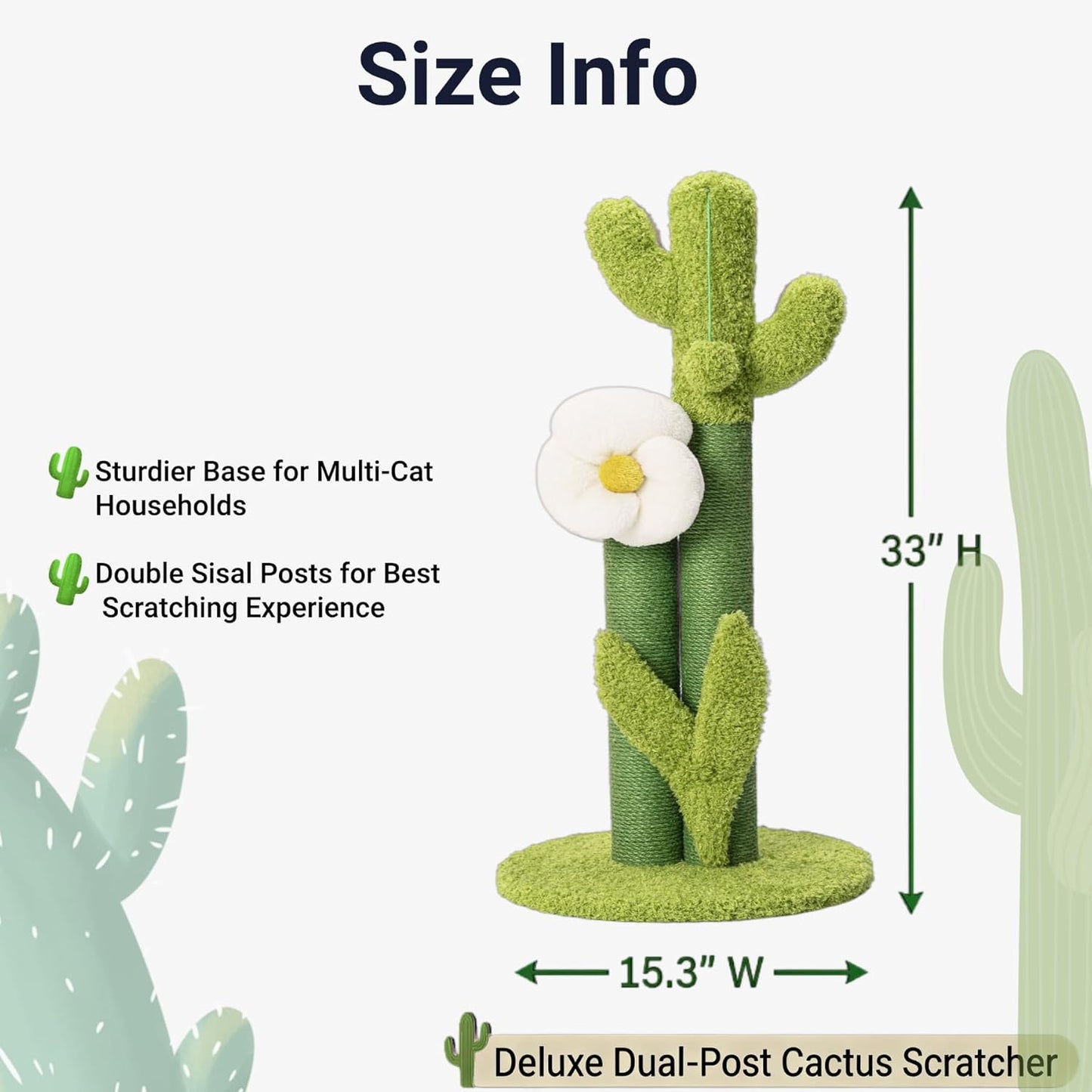 33" Tall Cactus Cat Scratching Post for Large Cats, Heavy Duty Double Scratch Posts with Flower & Crinkle Leaves, Cactus Cat Tree with 2 Bonus Toy & Catnip, Green Stable Scratching Post