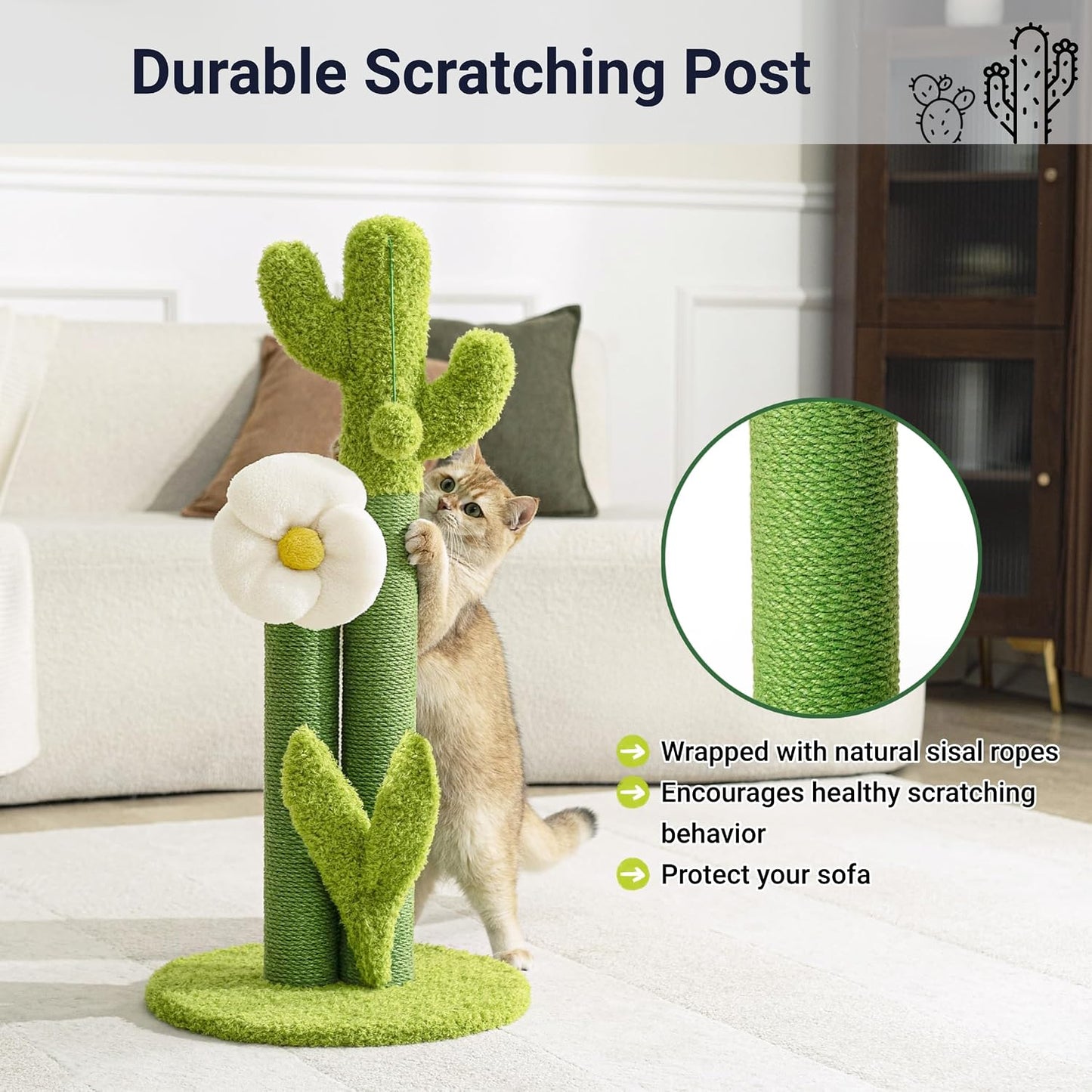 33" Tall Cactus Cat Scratching Post for Large Cats, Heavy Duty Double Scratch Posts with Flower & Crinkle Leaves, Cactus Cat Tree with 2 Bonus Toy & Catnip, Green Stable Scratching Post