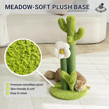 33" Tall Cactus Cat Scratching Post for Large Cats, Heavy Duty Double Scratch Posts with Flower & Crinkle Leaves, Cactus Cat Tree with 2 Bonus Toy & Catnip, Green Stable Scratching Post