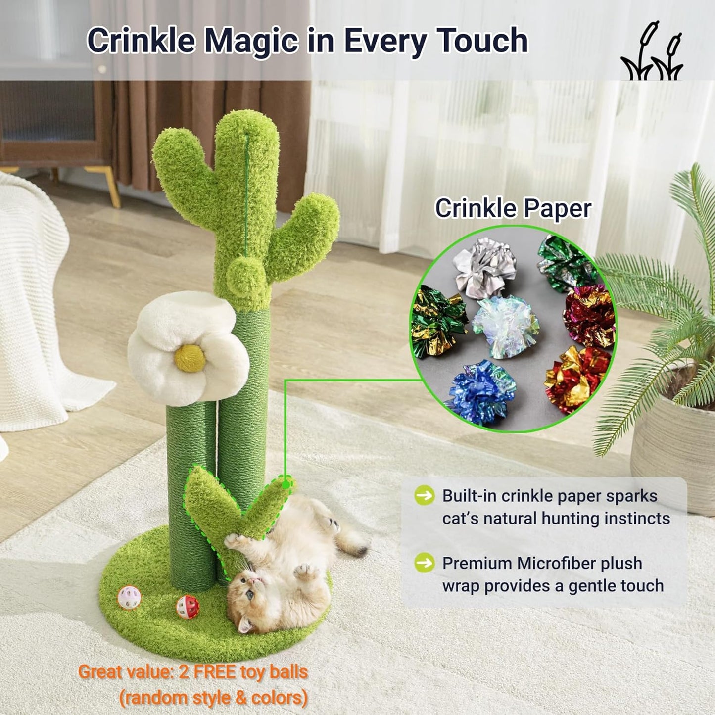 33" Tall Cactus Cat Scratching Post for Large Cats, Heavy Duty Double Scratch Posts with Flower & Crinkle Leaves, Cactus Cat Tree with 2 Bonus Toy & Catnip, Green Stable Scratching Post
