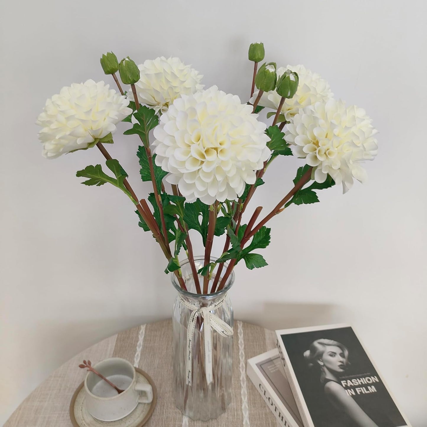 Pink Dahlia Artificial Flowers Faux Dahlias Silk Flower for Home Decor | Handmade 1:1 autumn pink dahlia, 5 pcs silk artificial flowers for decoration , 24'in long stem, 6.3 inch large heads.