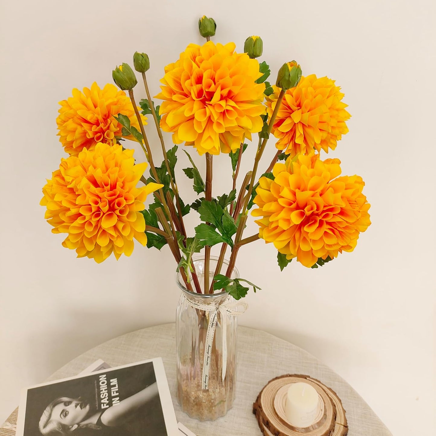 Pink Dahlia Artificial Flowers Faux Dahlias Silk Flower for Home Decor | Handmade 1:1 autumn pink dahlia, 5 pcs silk artificial flowers for decoration , 24'in long stem, 6.3 inch large heads.