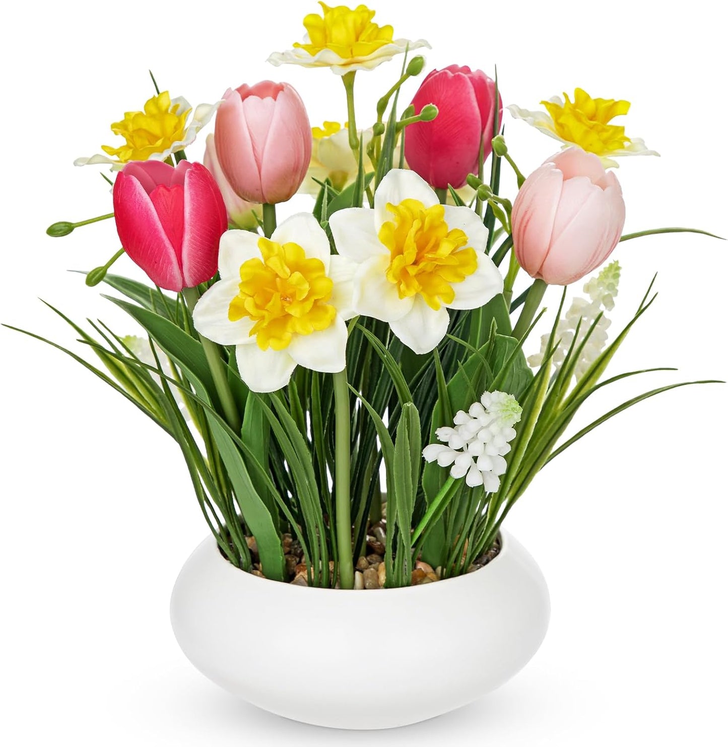 Pink Tulips Artificial Flowers in Vase Fake Tulips Silk Flowers Arrangements Faux Tulip Bulbs with Ceramic Pot Tulip Potted Plants Floral Bouquet for Home Decor Table Centerpiece Decorations