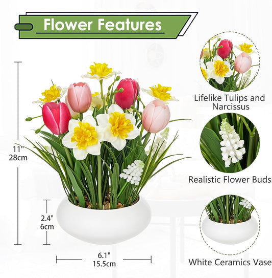 Pink Tulips Artificial Flowers in Vase Fake Tulips Silk Flowers Arrangements Faux Tulip Bulbs with Ceramic Pot Tulip Potted Plants Floral Bouquet for Home Decor Table Centerpiece Decorations