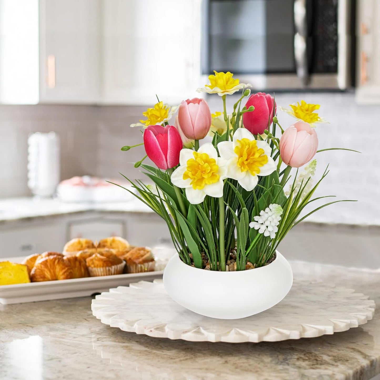 Pink Tulips Artificial Flowers in Vase Fake Tulips Silk Flowers Arrangements Faux Tulip Bulbs with Ceramic Pot Tulip Potted Plants Floral Bouquet for Home Decor Table Centerpiece Decorations