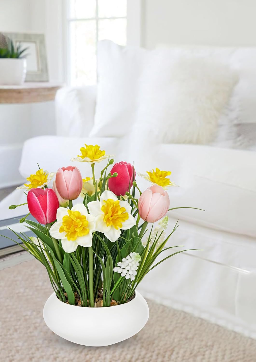 Pink Tulips Artificial Flowers in Vase Fake Tulips Silk Flowers Arrangements Faux Tulip Bulbs with Ceramic Pot Tulip Potted Plants Floral Bouquet for Home Decor Table Centerpiece Decorations