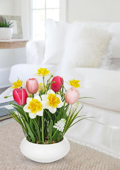 Pink Tulips Artificial Flowers in Vase Fake Tulips Silk Flowers Arrangements Faux Tulip Bulbs with Ceramic Pot Tulip Potted Plants Floral Bouquet for Home Decor Table Centerpiece Decorations