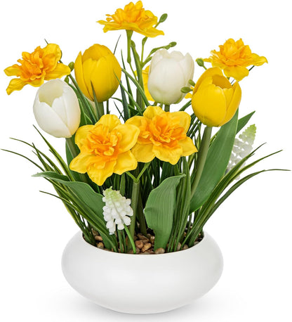 Pink Tulips Artificial Flowers in Vase Fake Tulips Silk Flowers Arrangements Faux Tulip Bulbs with Ceramic Pot Tulip Potted Plants Floral Bouquet for Home Decor Table Centerpiece Decorations