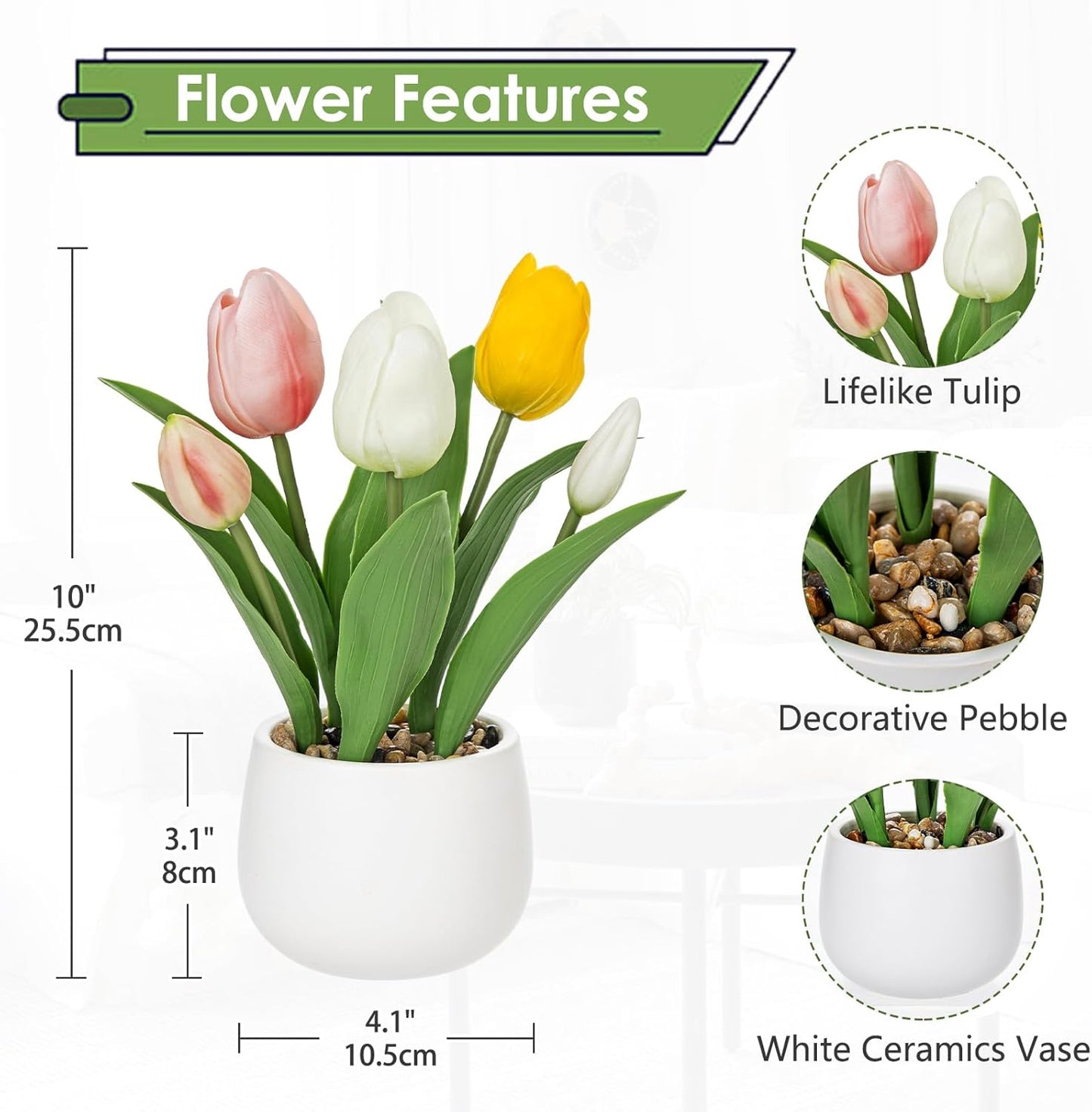 Pink Tulips Artificial Flowers in Vase Fake Tulips Silk Flowers Arrangements Faux Tulip Bulbs with Ceramic Pot Tulip Potted Plants Floral Bouquet for Home Decor Table Centerpiece Decorations