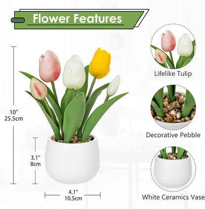 Pink Tulips Artificial Flowers in Vase Fake Tulips Silk Flowers Arrangements Faux Tulip Bulbs with Ceramic Pot Tulip Potted Plants Floral Bouquet for Home Decor Table Centerpiece Decorations