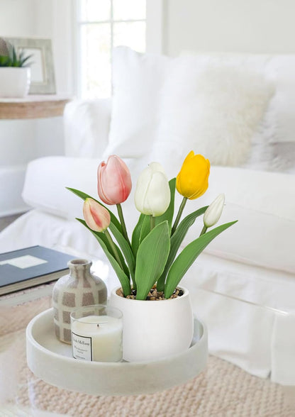 Pink Tulips Artificial Flowers in Vase Fake Tulips Silk Flowers Arrangements Faux Tulip Bulbs with Ceramic Pot Tulip Potted Plants Floral Bouquet for Home Decor Table Centerpiece Decorations