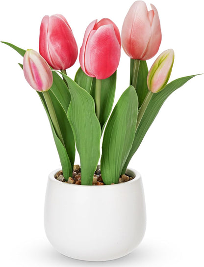 Pink Tulips Artificial Flowers in Vase Fake Tulips Silk Flowers Arrangements Faux Tulip Bulbs with Ceramic Pot Tulip Potted Plants Floral Bouquet for Home Decor Table Centerpiece Decorations