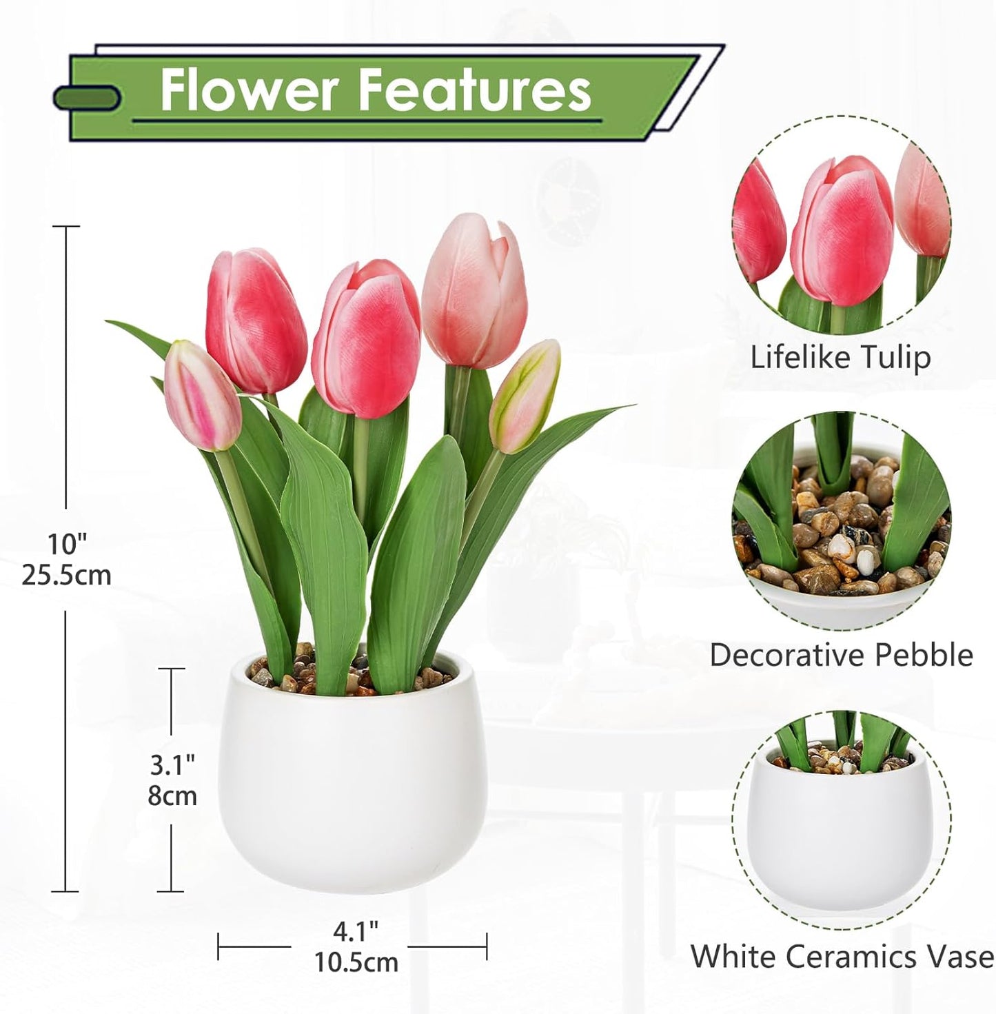Pink Tulips Artificial Flowers in Vase Fake Tulips Silk Flowers Arrangements Faux Tulip Bulbs with Ceramic Pot Tulip Potted Plants Floral Bouquet for Home Decor Table Centerpiece Decorations