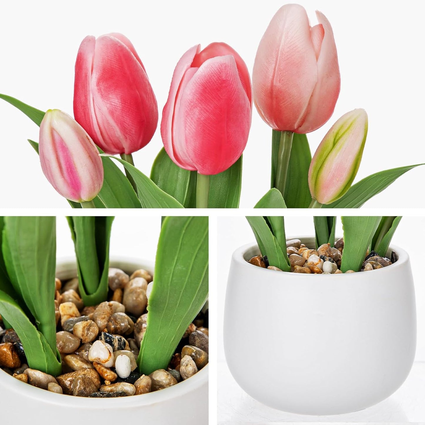 Pink Tulips Artificial Flowers in Vase Fake Tulips Silk Flowers Arrangements Faux Tulip Bulbs with Ceramic Pot Tulip Potted Plants Floral Bouquet for Home Decor Table Centerpiece Decorations