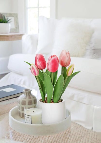 Pink Tulips Artificial Flowers in Vase Fake Tulips Silk Flowers Arrangements Faux Tulip Bulbs with Ceramic Pot Tulip Potted Plants Floral Bouquet for Home Decor Table Centerpiece Decorations
