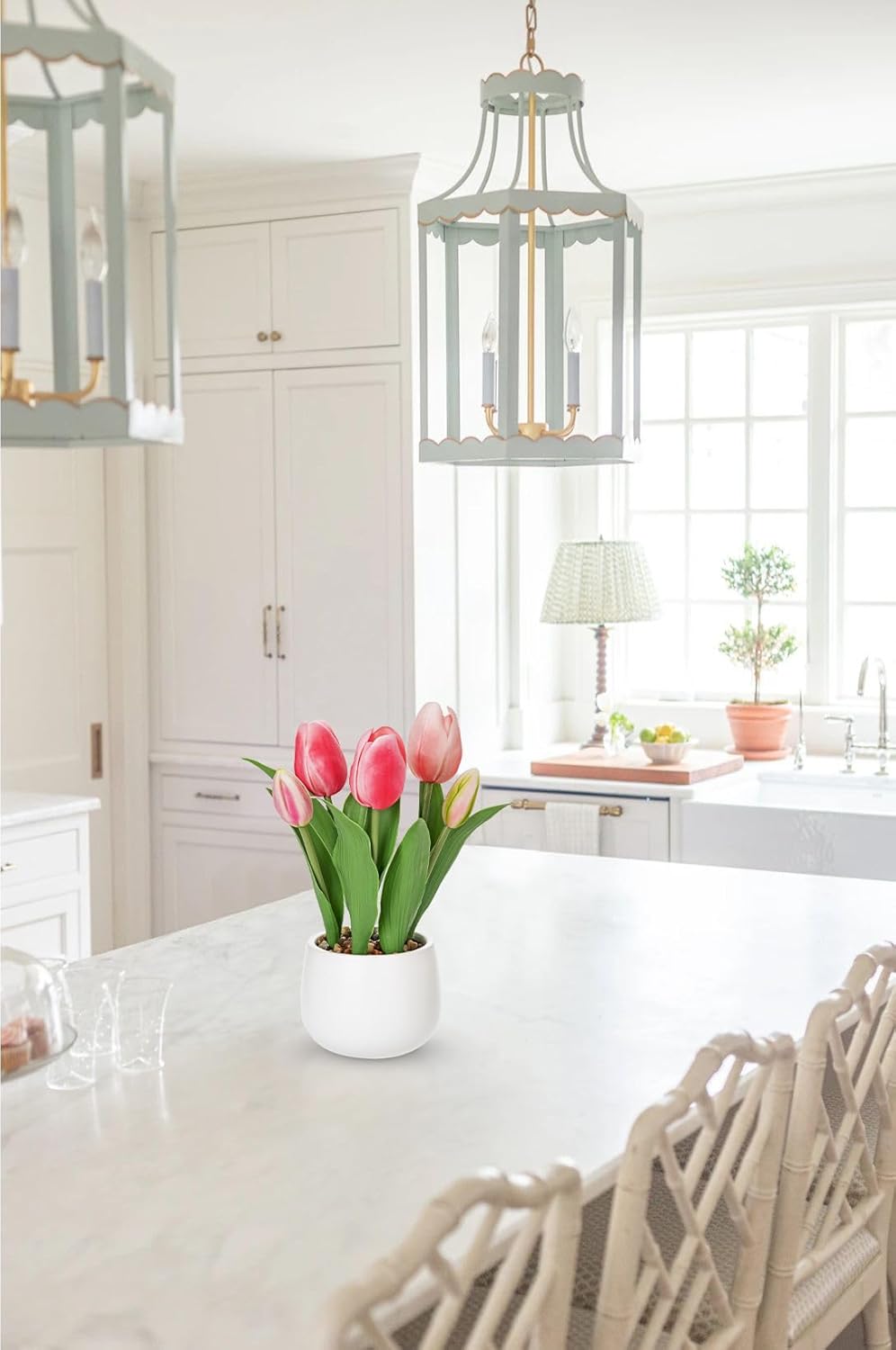 Pink Tulips Artificial Flowers in Vase Fake Tulips Silk Flowers Arrangements Faux Tulip Bulbs with Ceramic Pot Tulip Potted Plants Floral Bouquet for Home Decor Table Centerpiece Decorations