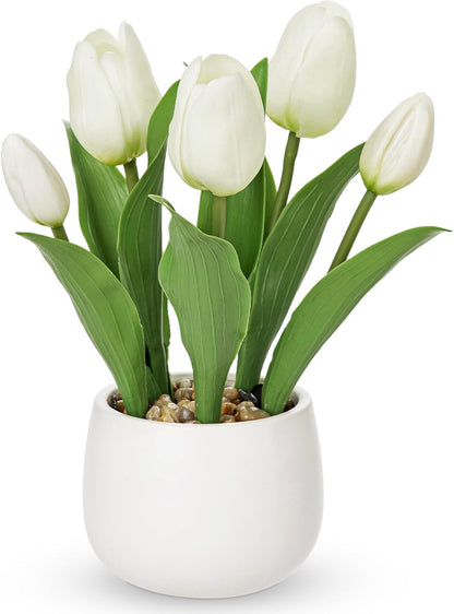 Pink Tulips Artificial Flowers in Vase Fake Tulips Silk Flowers Arrangements Faux Tulip Bulbs with Ceramic Pot Tulip Potted Plants Floral Bouquet for Home Decor Table Centerpiece Decorations