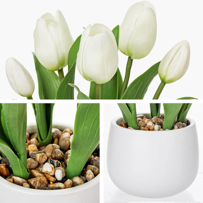 Pink Tulips Artificial Flowers in Vase Fake Tulips Silk Flowers Arrangements Faux Tulip Bulbs with Ceramic Pot Tulip Potted Plants Floral Bouquet for Home Decor Table Centerpiece Decorations
