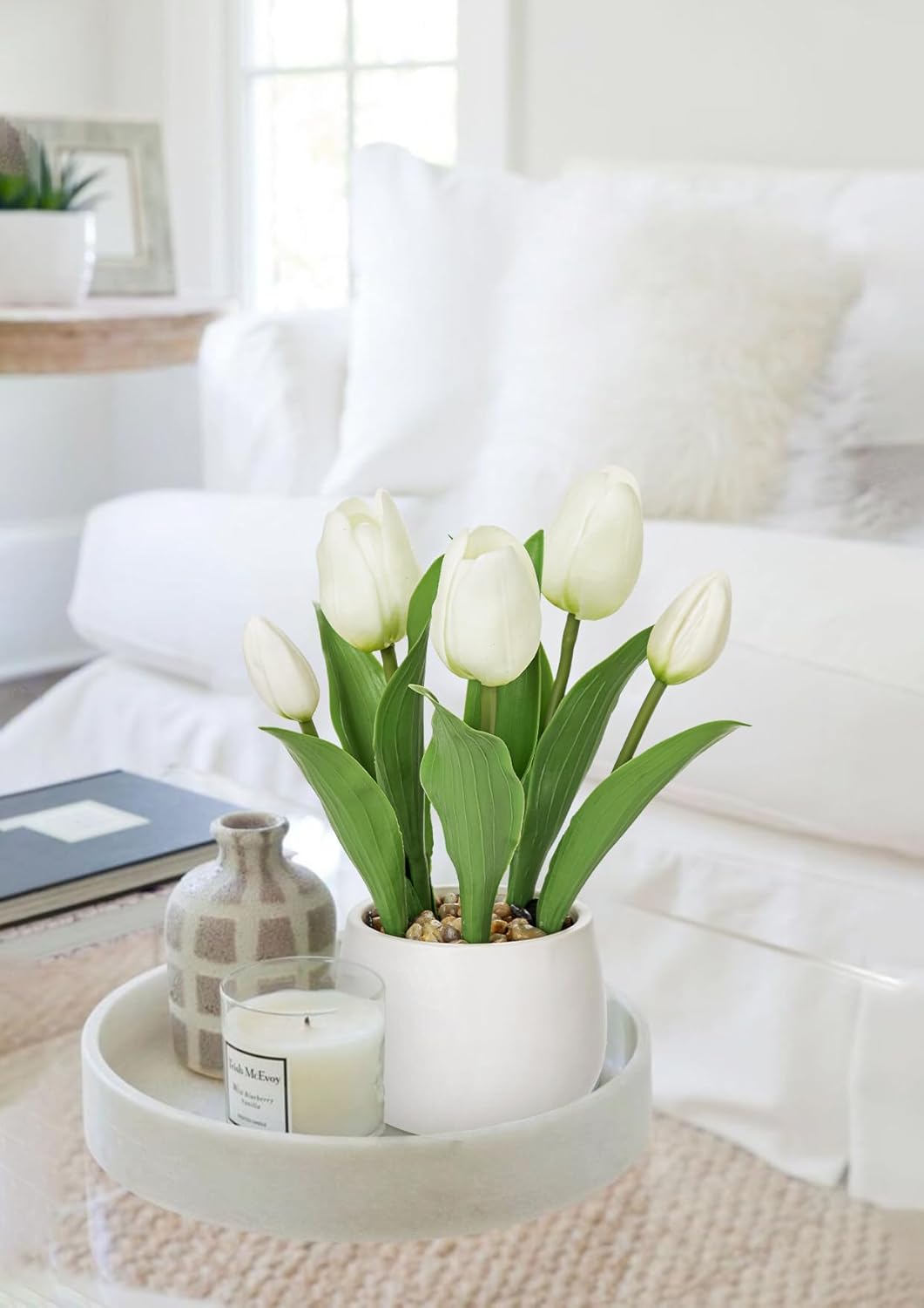 Pink Tulips Artificial Flowers in Vase Fake Tulips Silk Flowers Arrangements Faux Tulip Bulbs with Ceramic Pot Tulip Potted Plants Floral Bouquet for Home Decor Table Centerpiece Decorations