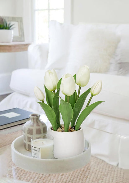 Pink Tulips Artificial Flowers in Vase Fake Tulips Silk Flowers Arrangements Faux Tulip Bulbs with Ceramic Pot Tulip Potted Plants Floral Bouquet for Home Decor Table Centerpiece Decorations