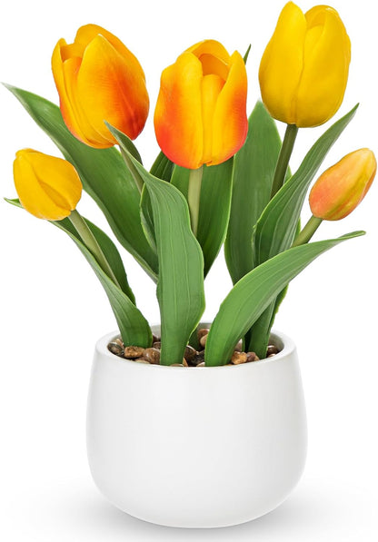 Pink Tulips Artificial Flowers in Vase Fake Tulips Silk Flowers Arrangements Faux Tulip Bulbs with Ceramic Pot Tulip Potted Plants Floral Bouquet for Home Decor Table Centerpiece Decorations