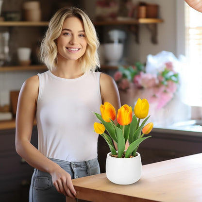 Pink Tulips Artificial Flowers in Vase Fake Tulips Silk Flowers Arrangements Faux Tulip Bulbs with Ceramic Pot Tulip Potted Plants Floral Bouquet for Home Decor Table Centerpiece Decorations