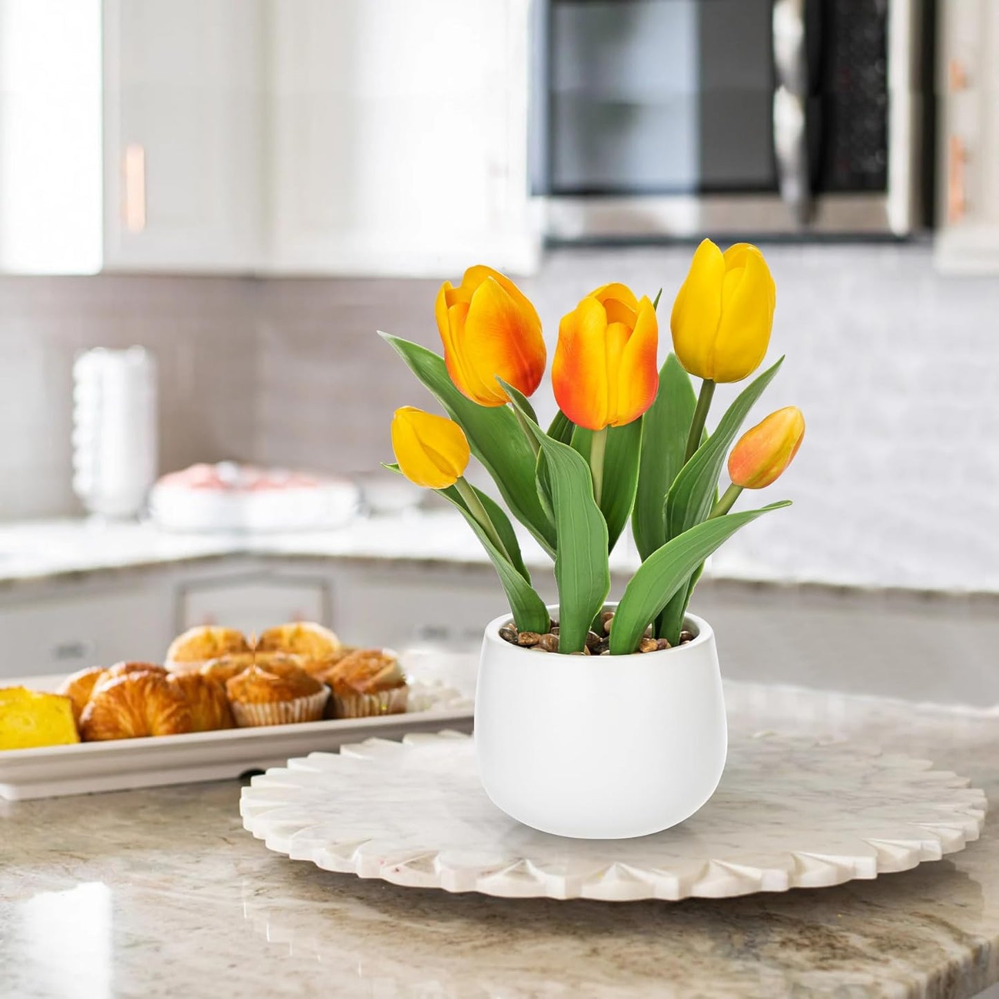 Pink Tulips Artificial Flowers in Vase Fake Tulips Silk Flowers Arrangements Faux Tulip Bulbs with Ceramic Pot Tulip Potted Plants Floral Bouquet for Home Decor Table Centerpiece Decorations