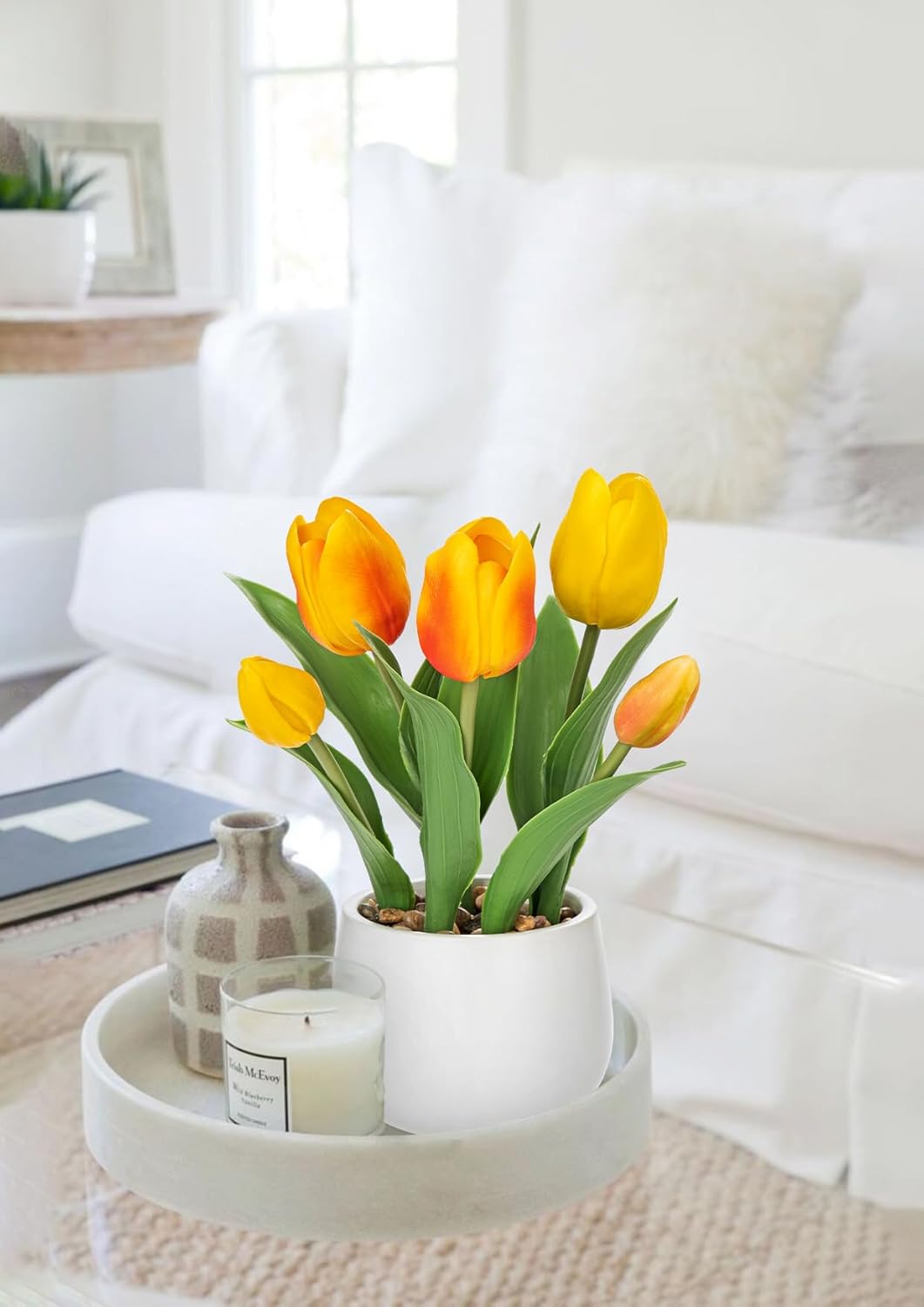 Pink Tulips Artificial Flowers in Vase Fake Tulips Silk Flowers Arrangements Faux Tulip Bulbs with Ceramic Pot Tulip Potted Plants Floral Bouquet for Home Decor Table Centerpiece Decorations