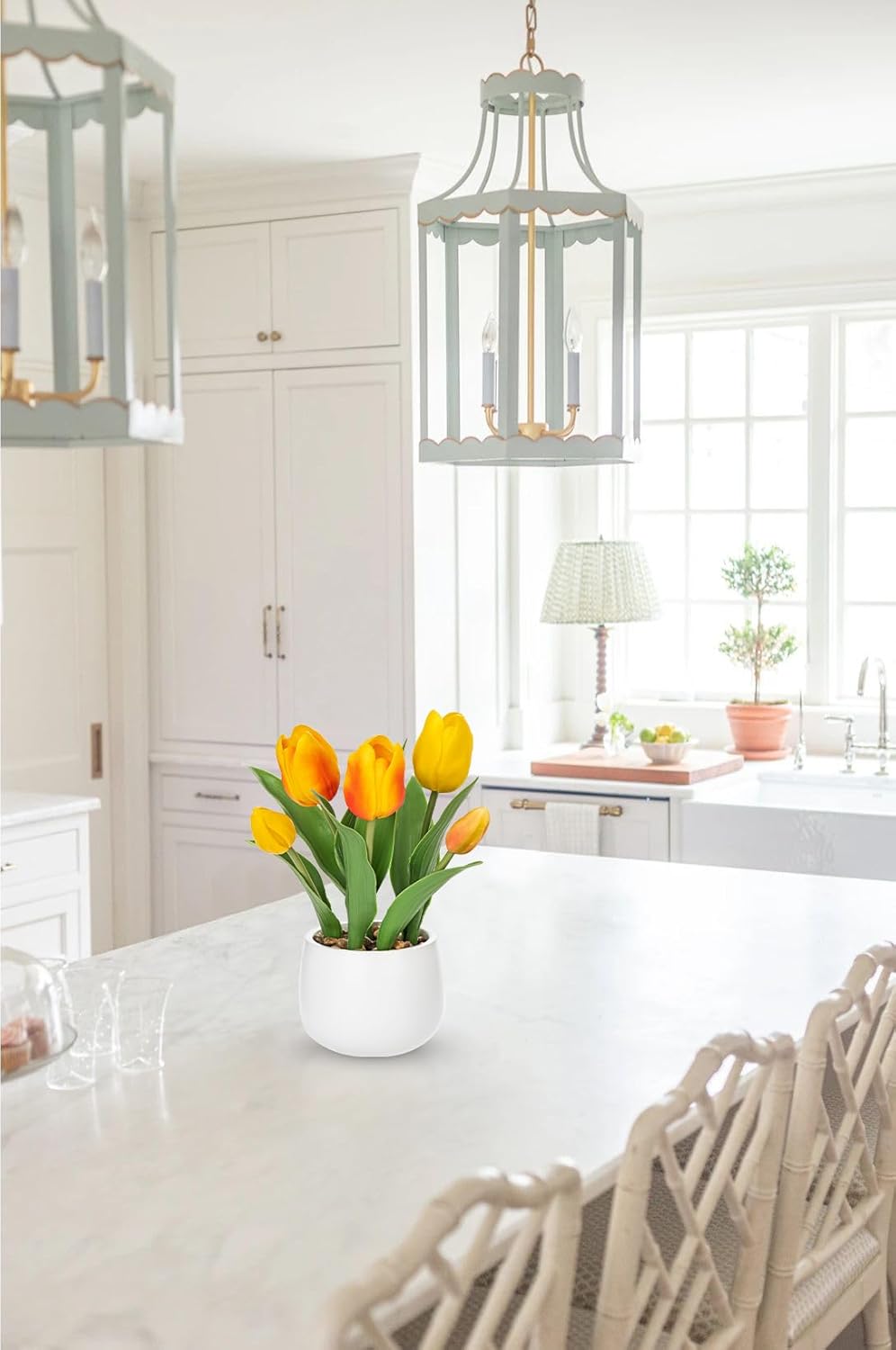 Pink Tulips Artificial Flowers in Vase Fake Tulips Silk Flowers Arrangements Faux Tulip Bulbs with Ceramic Pot Tulip Potted Plants Floral Bouquet for Home Decor Table Centerpiece Decorations