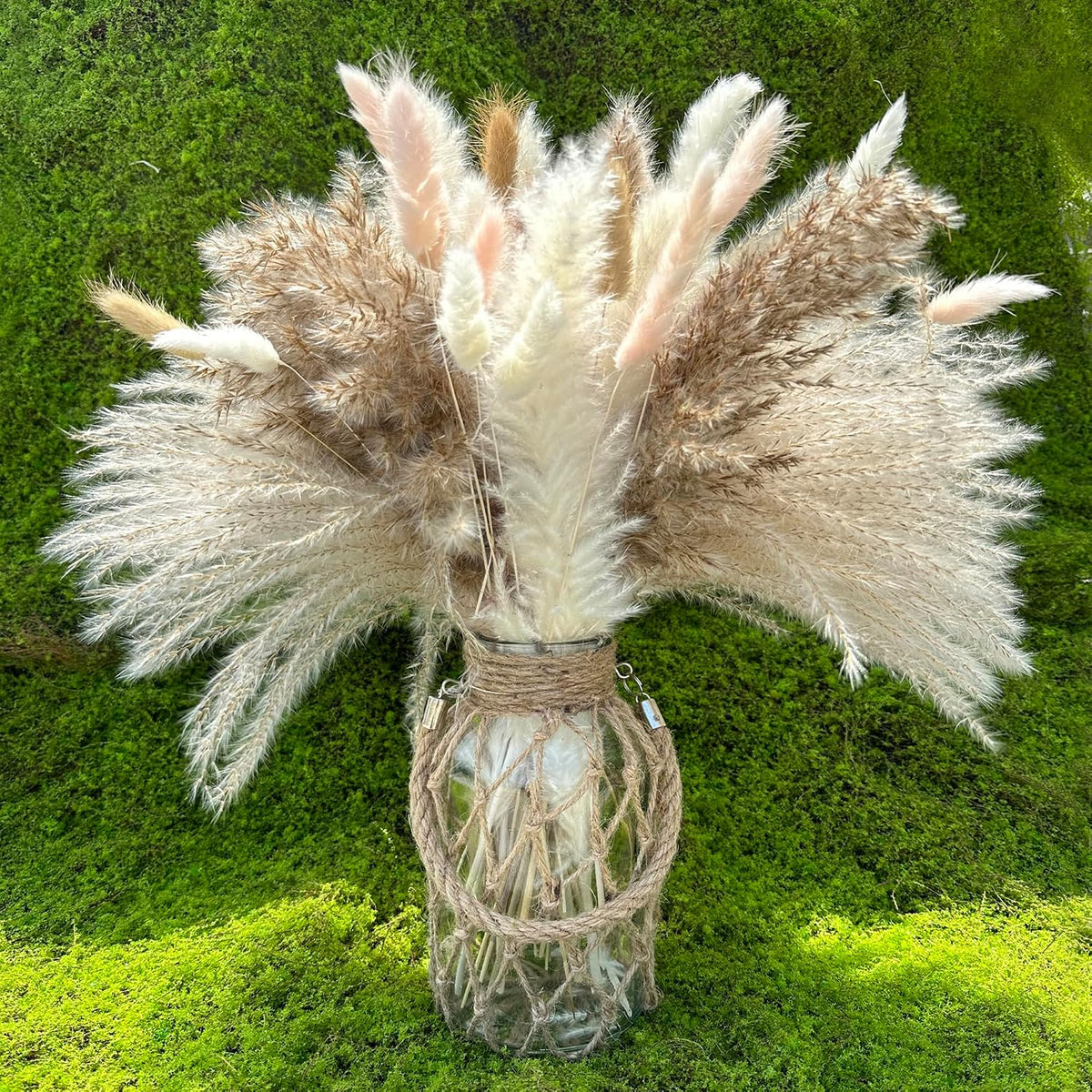 100Pcs Pampas Grass Boho Home Decor 17 inch Natural Dried Flowers-Pampas Grass Contains Bunny Tails White Pampas Brown Pampas.Boho Decor for Farmhouse Wedding Boho Wall Bathroom Office Kitchen…