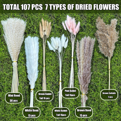 100Pcs Pampas Grass Boho Home Decor 17 inch Natural Dried Flowers-Pampas Grass Contains Bunny Tails White Pampas Brown Pampas.Boho Decor for Farmhouse Wedding Boho Wall Bathroom Office Kitchen…