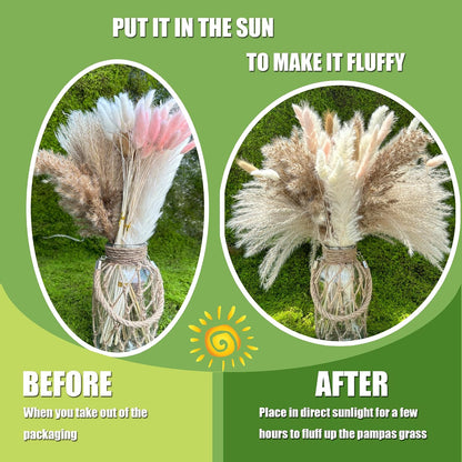 100Pcs Pampas Grass Boho Home Decor 17 inch Natural Dried Flowers-Pampas Grass Contains Bunny Tails White Pampas Brown Pampas.Boho Decor for Farmhouse Wedding Boho Wall Bathroom Office Kitchen…