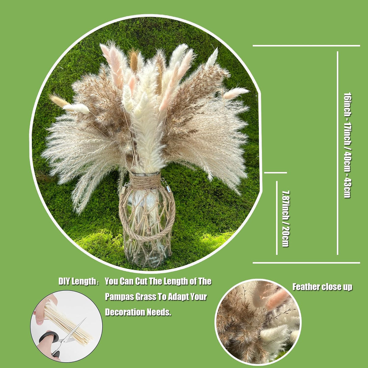 100Pcs Pampas Grass Boho Home Decor 17 inch Natural Dried Flowers-Pampas Grass Contains Bunny Tails White Pampas Brown Pampas.Boho Decor for Farmhouse Wedding Boho Wall Bathroom Office Kitchen…