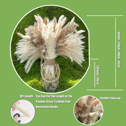 100Pcs Pampas Grass Boho Home Decor 17 inch Natural Dried Flowers-Pampas Grass Contains Bunny Tails White Pampas Brown Pampas.Boho Decor for Farmhouse Wedding Boho Wall Bathroom Office Kitchen…