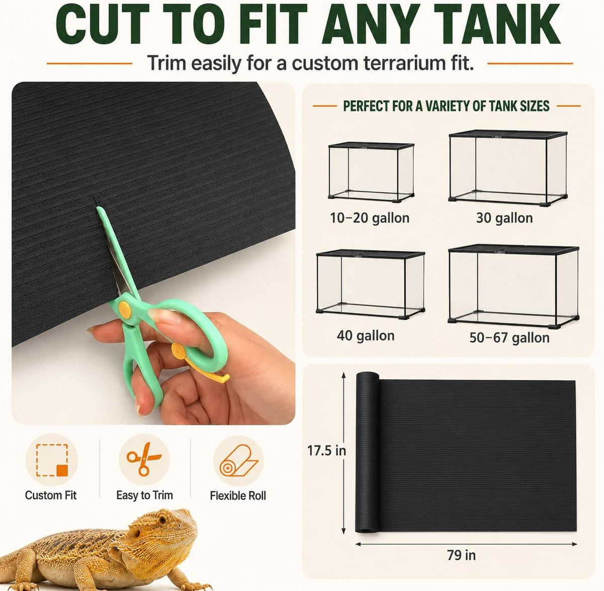 Arbitrary Cutting Terrarium Reptile Carpet, Reptile Mat, Bearded Dragon Tank Accessories Flooring, Bearded Dragon, Leopard Gecko Substrate, Snake,Tortoise Bedding Black 17.5“× 79”